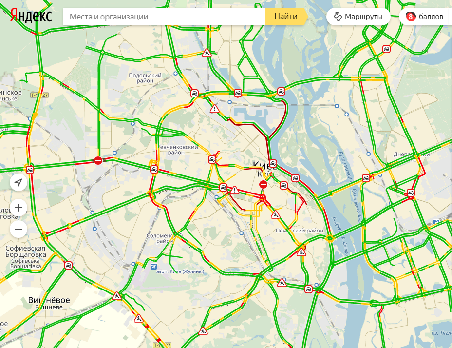 Затори у Києві досягли 8 балів